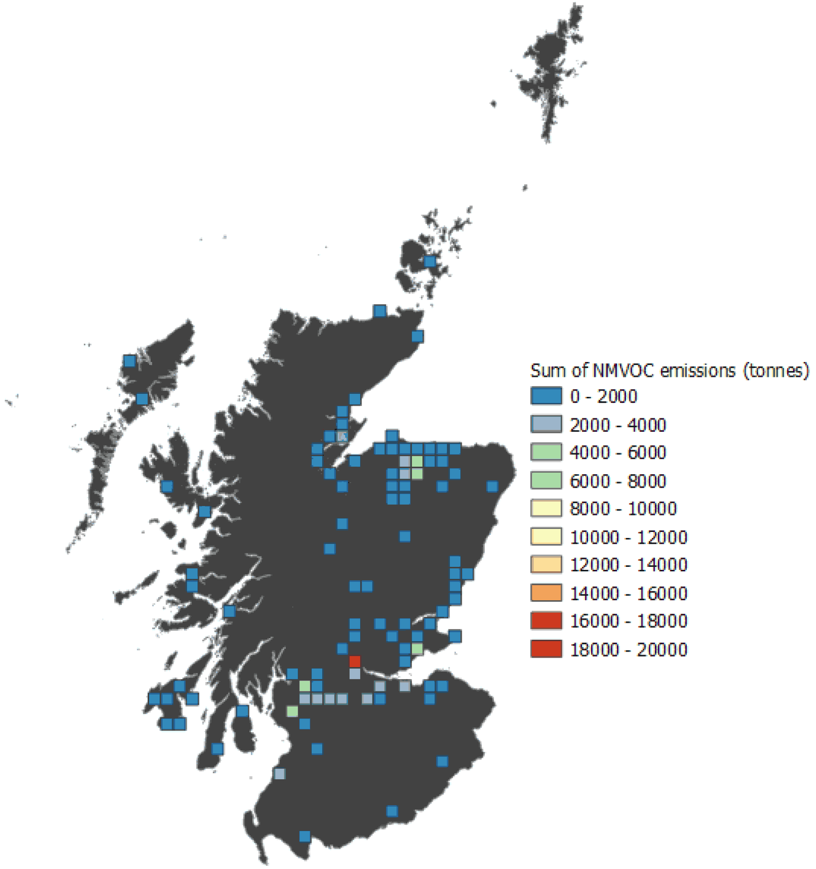 Scotland divided into 10km x 10km grid squares showing total NMVOC emissions in each grid square.