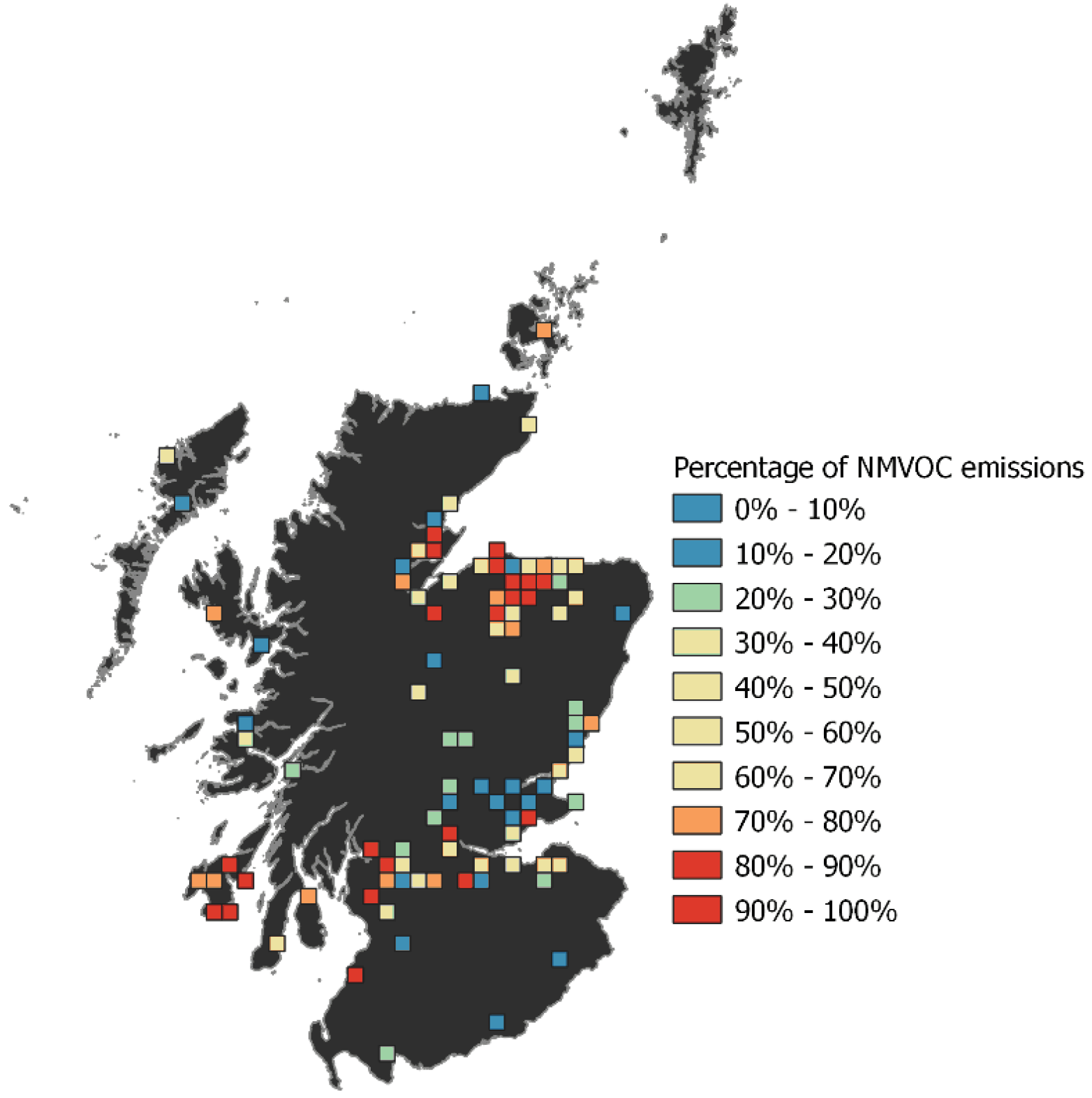 Scotland divided into 10km x 10km grid squares showing percentagel NMVOC emissions in each grid square that can be attributed to Scotch whisky production.