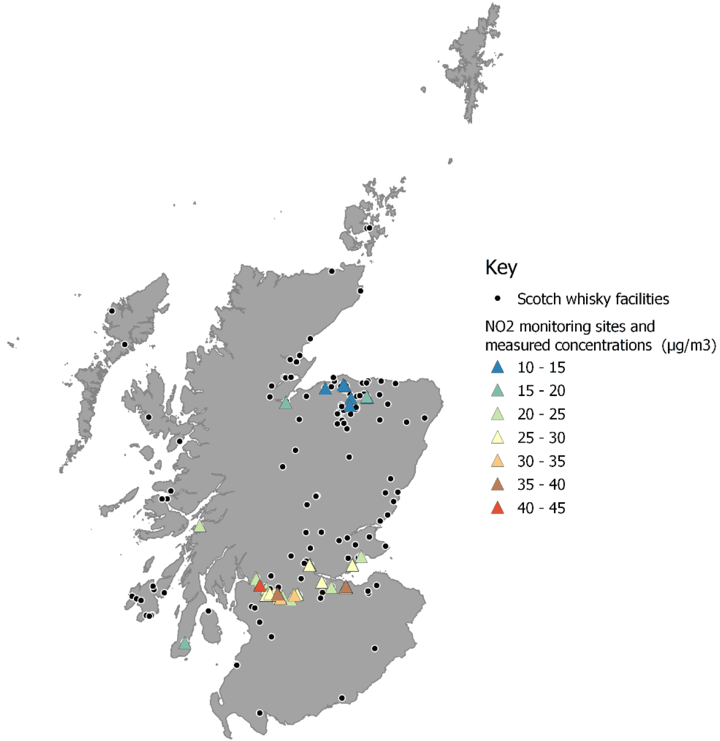 Nitrogen dioxide monitoring sites within 1km of a Scotch whisky facility, showing 2019 nitrogen dioxide concentrations at each monitoring site.