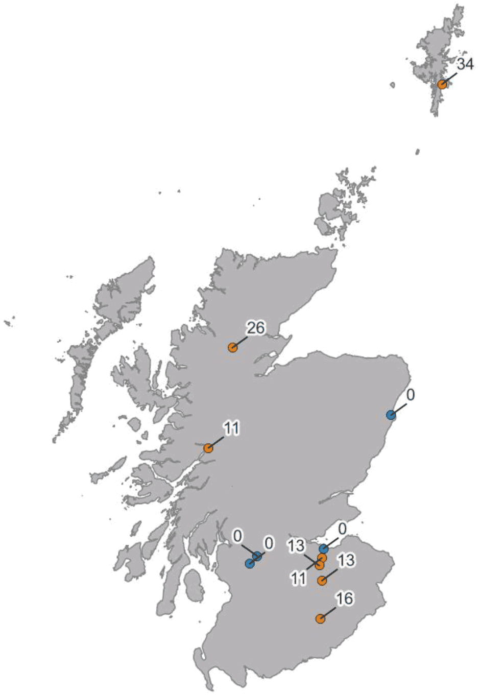 Locations of ozone monitoring sites in Scotland and showing numbers of times ozone limits were exceeded at each site in 2019.