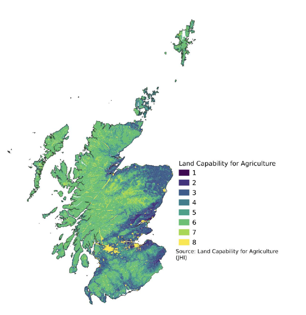 This map shows that the east coast of Scotland generally has a greater proportion of land in LCA 1, 2 and 3, while the Scottish borders and highlands and islands generally have a greater proportion of land in LCA 5, 6 and 7. Around two-thirds of Scottish land is LCA 5 or 6.