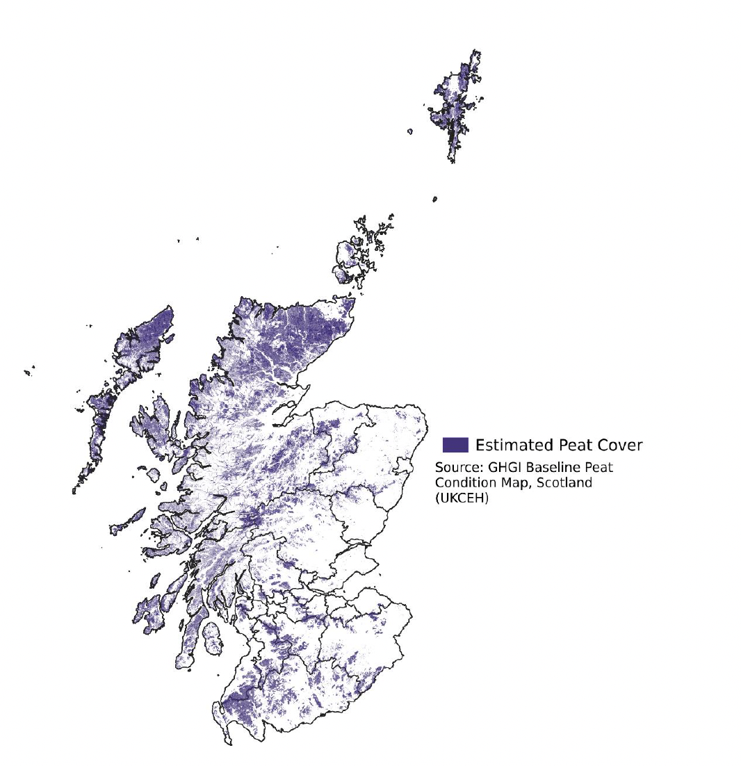 This map shows that estimated peat cover is highest in the north highlands and western and northern Isles. 
