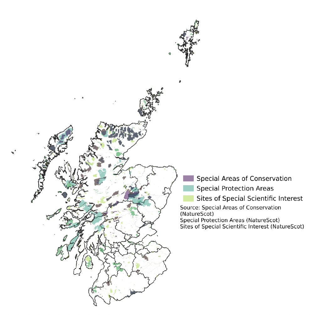 This map shows the location of sites of scientific interest and conservation areas, which are largely north of the central belt. 