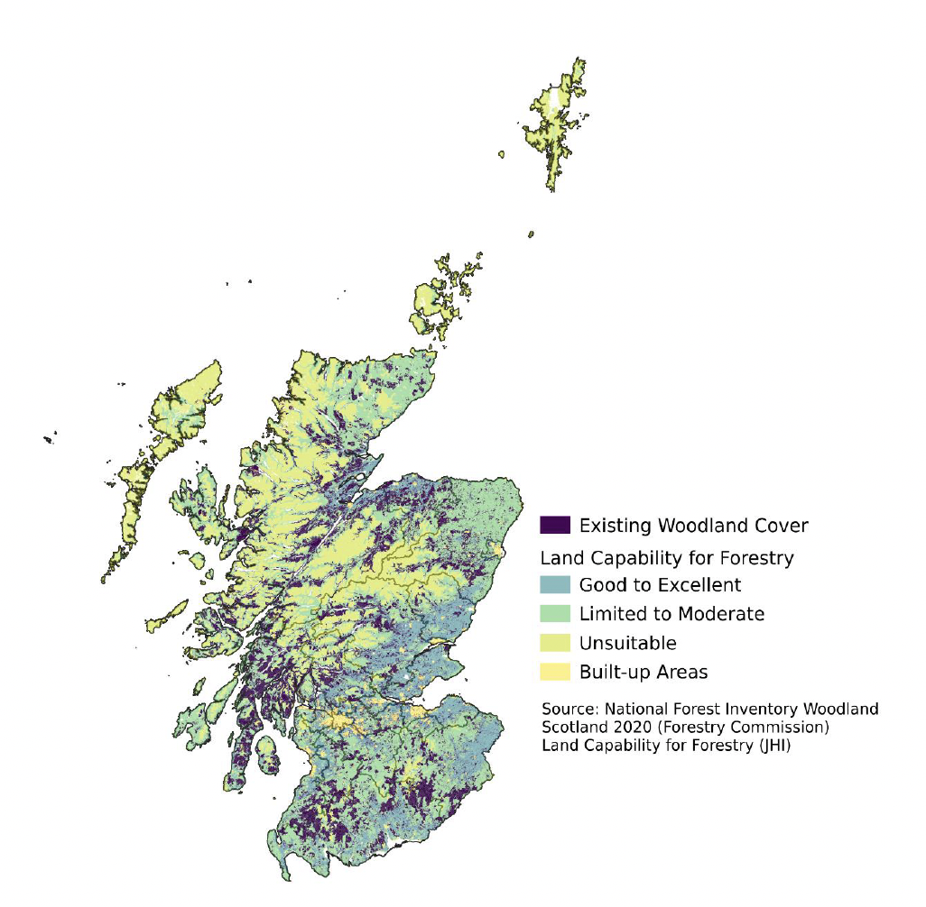 This map shows that land in the Tayside, Central and Fife region, as well as East Lothian and the south of Scotland, is good to excellent suitability for woodland expansion. It also shows that land in the highlands and islands is typically either existing woodland cover or is unsuitable for woodland expansion. 