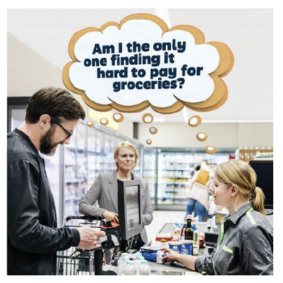 Two customers are at the checkout in a supermarket waiting to pay for their groceries. Also pictured is the supermarket worker sitting at the checkout. A thought bubble above their heads show all three sharing the same thought and reads 'Am I the only one finding it hard to pay for groceries?'