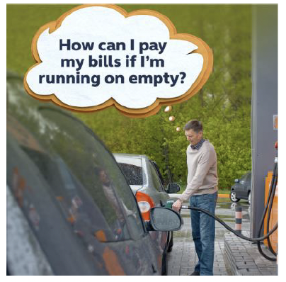 A man is refuelling his car at a petrol station. A thought bubble above his head reads 'How can I pay my bills if I'm running on empty?'