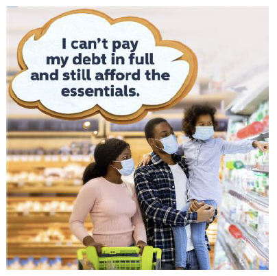 A family is shopping in a supermarket. A thought bubble above their heads shows the parents sharing the same thought which reads 'I can't pay my debt in full and still afford the essentials.'