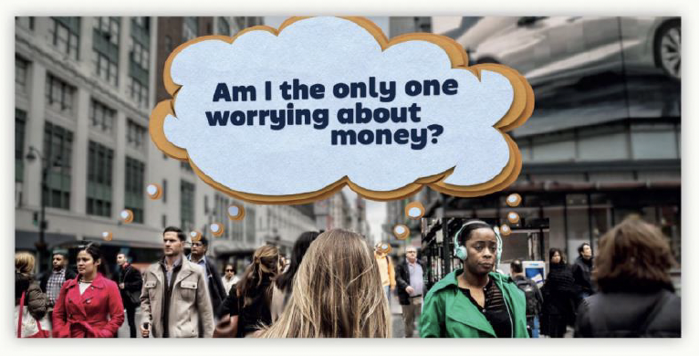 This social video is called 'not the only one'. We see an image of pedestrians walking down a busy street.
As people walk towards the camera we see a thought bubble pop up over one man's head. It reads 'Am I the only one worrying about money?'. The same thought bubble pops up in the crowd. More and more of the same thought bubbles pop up all over the street before joining into one collective thought, 'Am I the only one worried about money?'. The voice over reads: You are not alone. Find out what benefits and other support you could be entitled to right now at moneysupport.scot. Logo: Fairer Scotland'