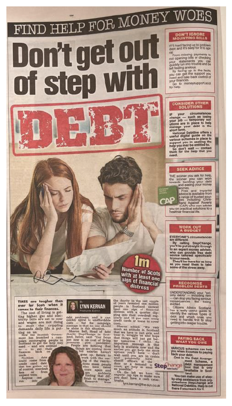 Example of press coverage for the campaign with headline reading 'Don't get out of step with debt'.