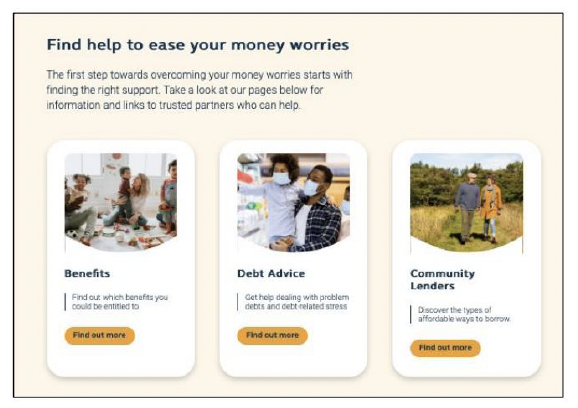Screen shot of the moneysupport.scot website which reads 'Find help to ease your money worries'.