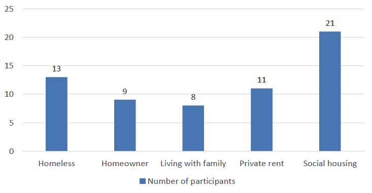A bar chart summarising the residential status of lived experience participants: 13 people were homeless, 9 were homeowners, eight were living with family, 11 in privately rented accommodation, 21 in social housing. 
