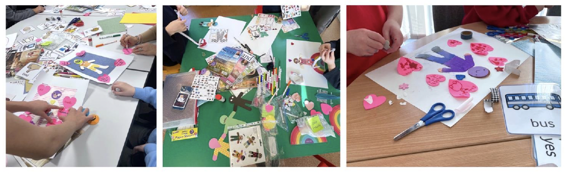 Three photographs show tables covered with lots of paper silhouettes, pens, stickers and communication symbols. Pupils are using the materials to make pictures of themselves surrounded by things they enjoy.