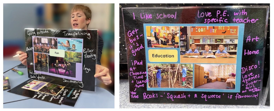 Two photographs of chalkboards with collages of images on them relating to fun and education.
Writing around the colleges in colourful chalk pen says things that the pupils think are fun including trampolining, swimming and going outside. The words around the education collage include ‘I like school’ and ‘I love P.E. with specific teacher’.