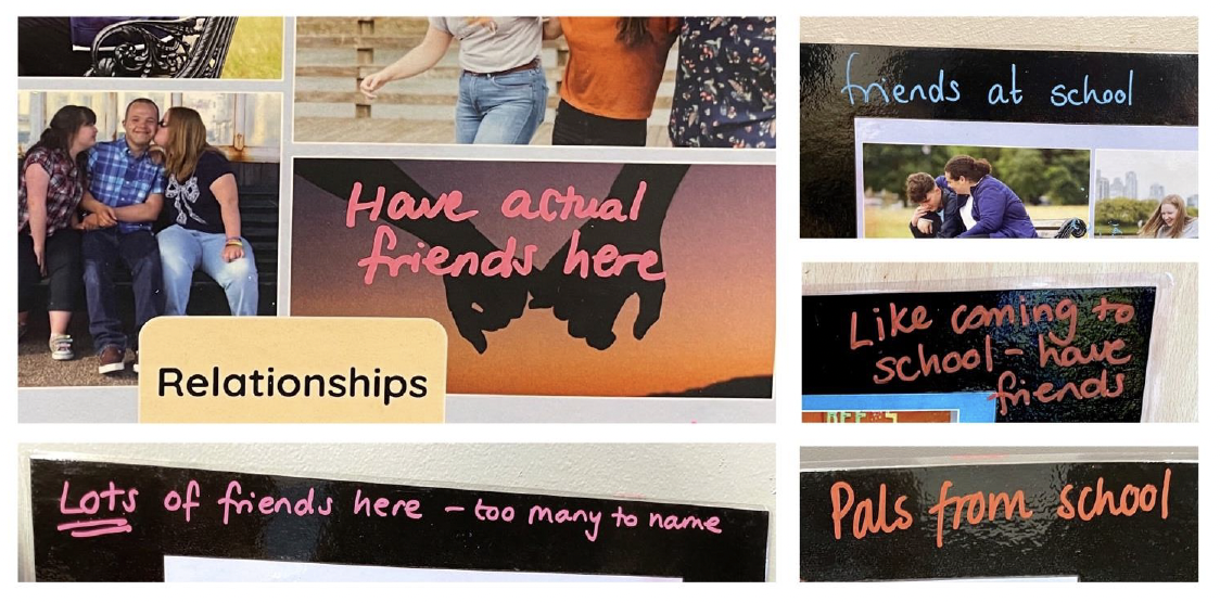 A selection of annotated collages about ‘relationships’ on which is written ‘have actual friends here’, ‘friends at school’, ‘like coming to school - have friends’, ‘pals from school’, and ‘LOTS of friends here - too many to name’.