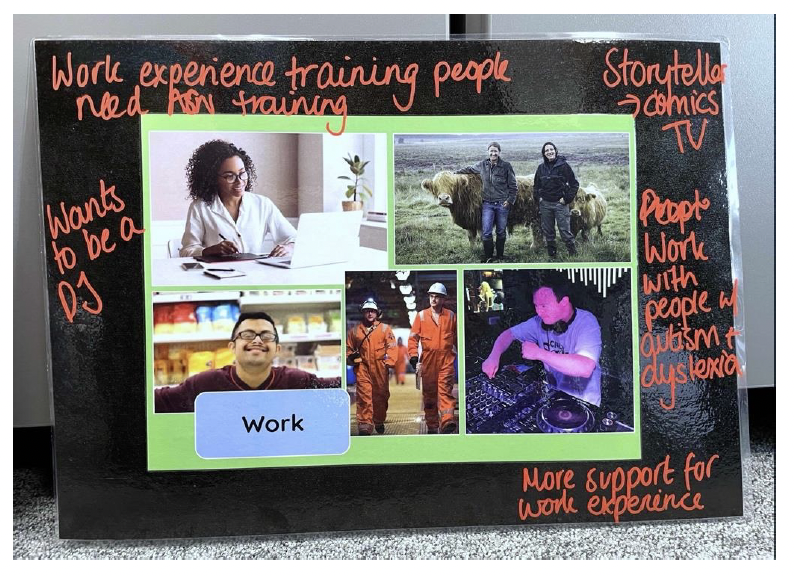 Writing on the chalkboard says ‘work experience training people need ASN training’, ‘wants to be a DJ’, ‘Storyteller - comics, TV’, ‘work with people with autism and dyslexia’, and ‘more support for work experience’.