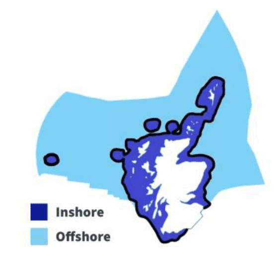A map showing the extent of Scotland's inshore and offshore marine regions.