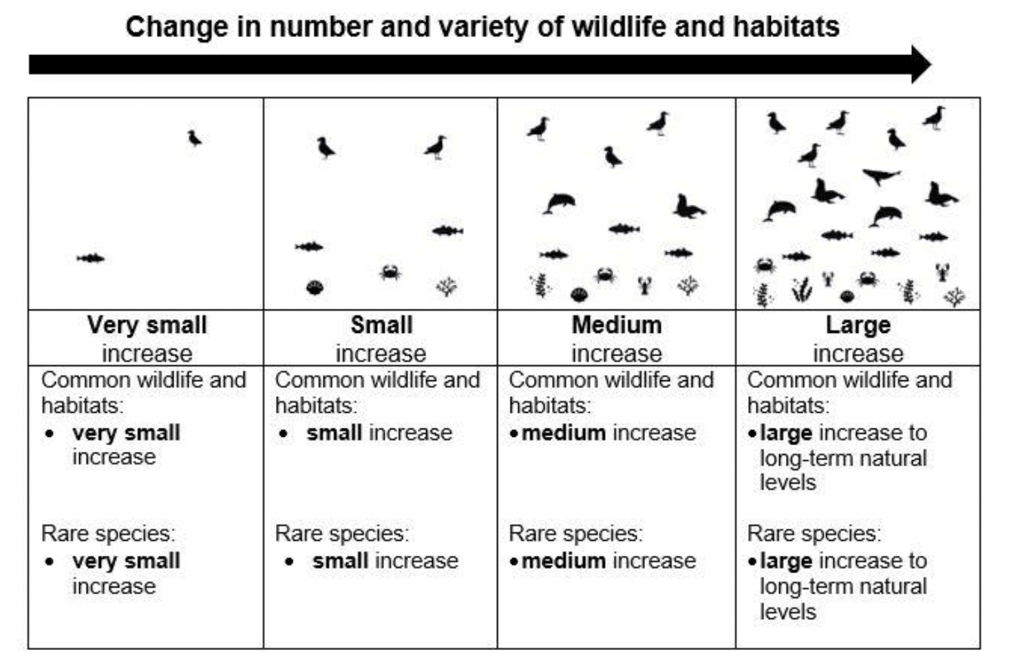 Image showing the levels of increase for wildlife and habitats attribute. Four levels shown: very small, small, medium and large increase.