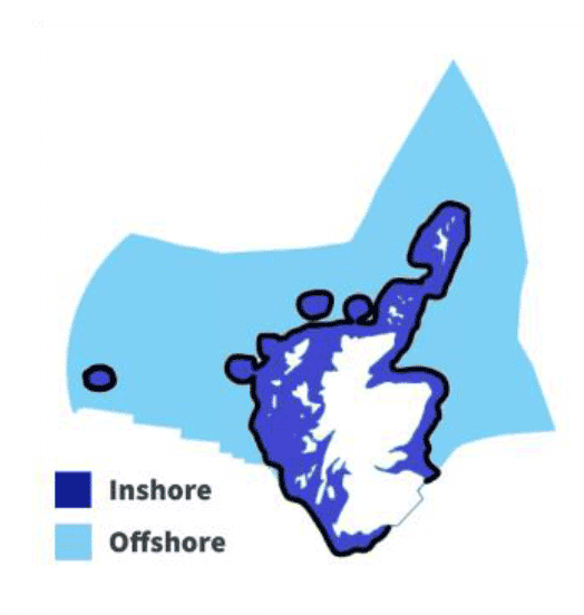 A map showing extent of Scotland's inshore and offshore marine regions.