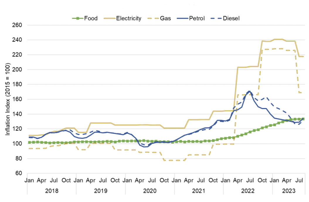 Line chart showing the fall in the price index for energy and fuel prices in 2023 following their sharp rise in 2022 while the food price index continued to rise. 