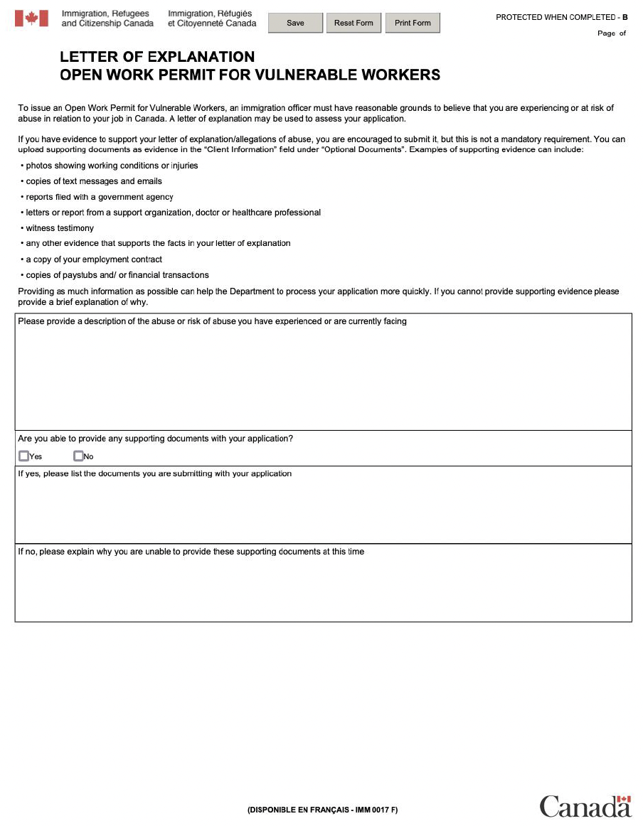 Example of form entitled ‘letter of explanation’ by Immigration, Refugees and Citizenship Canada which must be submitted with an application for the Open Work Permit for Vulnerable Workers.. The form asks applicants to describe the abuse or risk of abuse experienced and asks the applicant to submit supporting evidence where it exists.