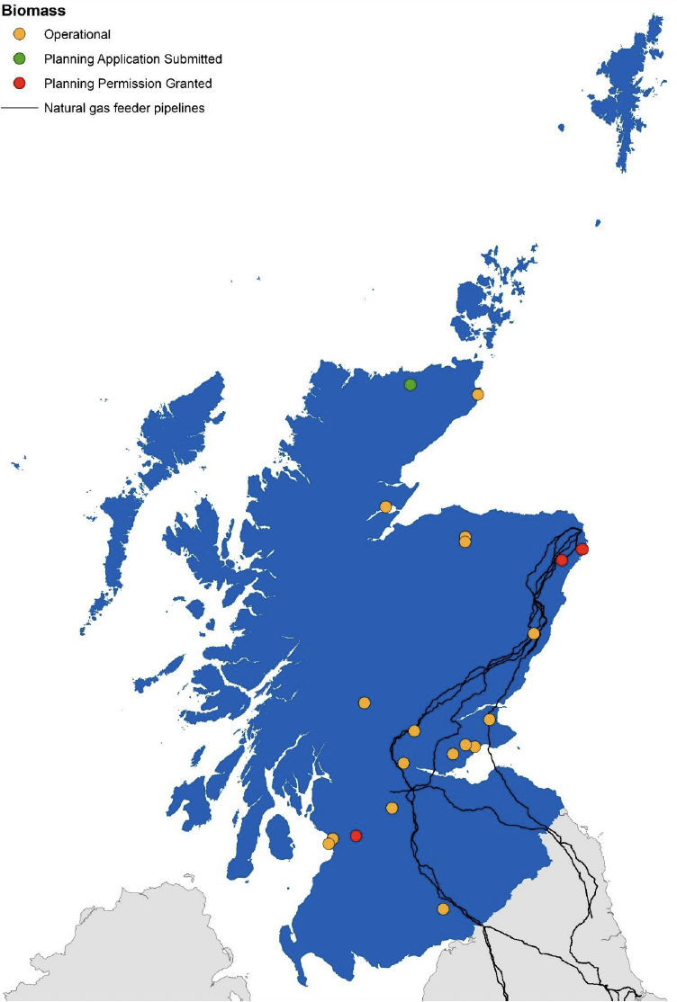 This is a map of biomass fuelled Power and Industry plant locations, that may be suitable for BECCS in Scotland.