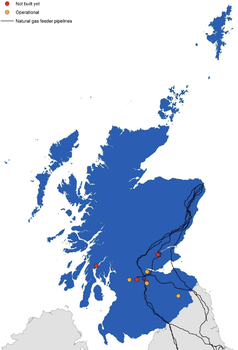 This is a map of existing and potential Advanced Conversion Technologies plants in Scotland.