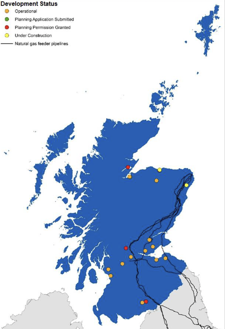 This is a map of existing and potential Biomethane and Anaerobic Digestion sites in Scotland.