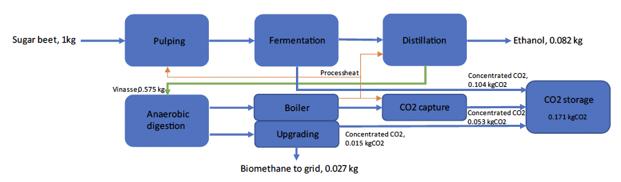 This is a flowchart demonstrating the process of carbon capture and bioethanol production from sugar beet.