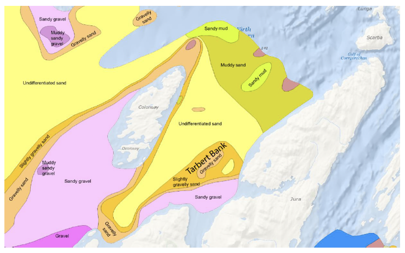 A chart showing the surficial sediments on Tarbert Bank and the surrounding area according to the British Geological Survey. Tarbet Bank is shown to consist of an area of gravelly sand surrounded by slightly gravelly sand.