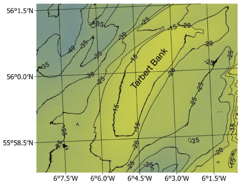 A chart showing the bathymetry of Tarbet Bank. The main area of the bank is in water less than 15 meters below chart datum but drops away to 30 meters depths to the northwest and southeast.