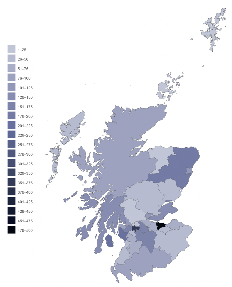 Image of Scotland detailing the number of people resettled under the Vulnerable Persons Resettlement Scheme (VPRS) by local authority.