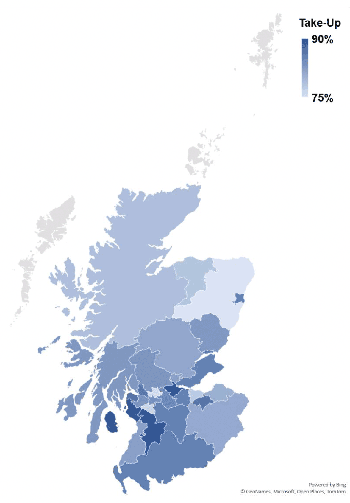 A map showing the take-up rate of Scottish Child Payment by local authority across Scotland, as of March 2023.