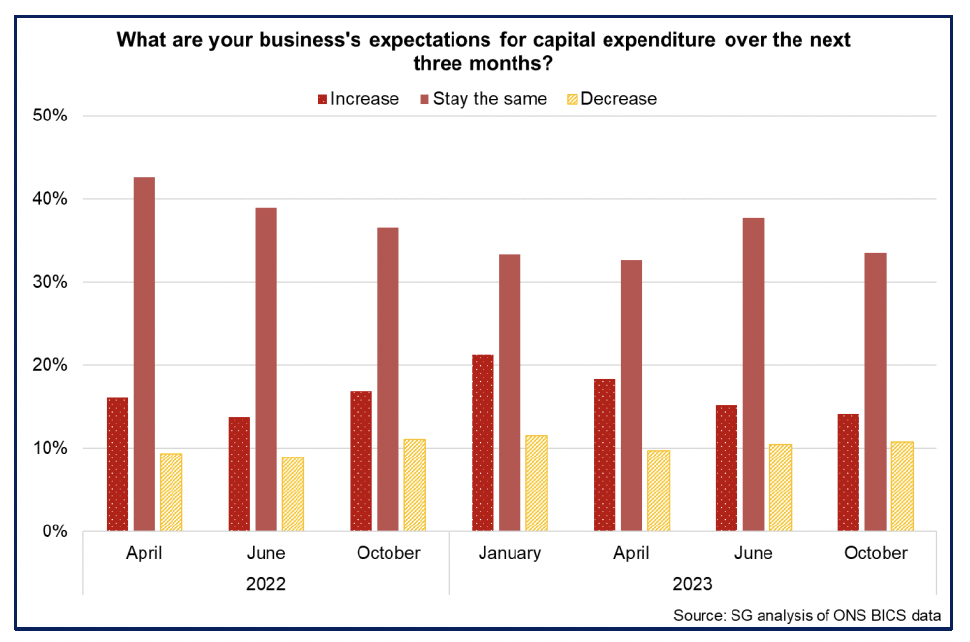 Bar chart showing a decreasing share of businesses in 2023 expect to increase capex while an increasing share expect it to stay the same.