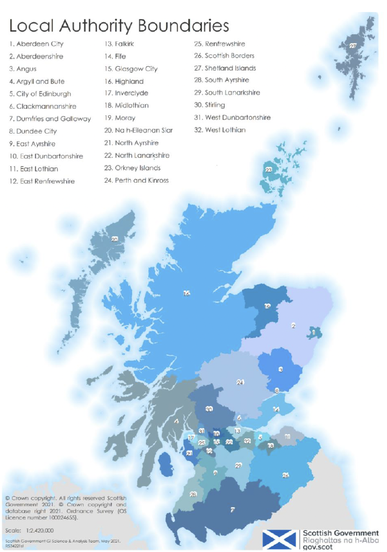 Map of 32 Local Authority Boundaries in Scotland.