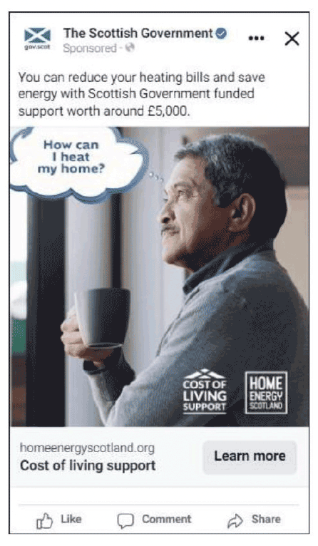 A social media post showing a man drinking a cup of coffee and looking out of the window. A thought bubble above his head reads ‘How can I heat my home’.
