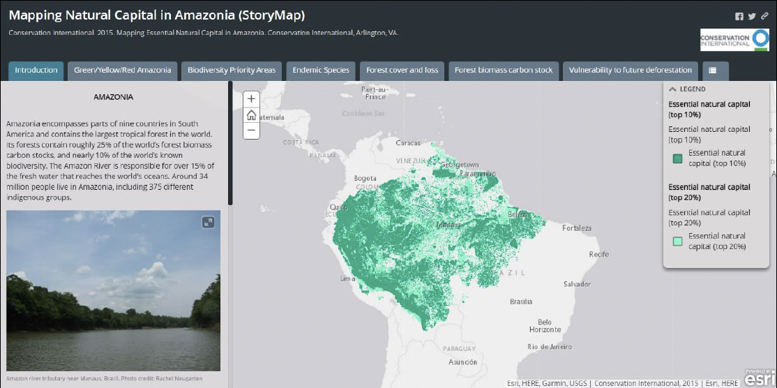Image of the user interface of Conservation International, that maps the distribution of natural capital across Amazonia. 