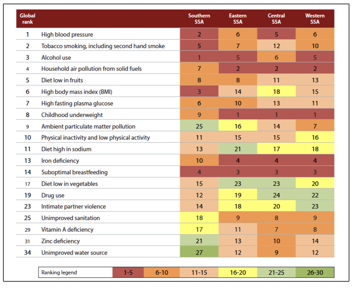 Figure showing top 15 Risk factors ranked by attributable burden of disease for Sub-Saharan Africa Region (in 2010) 
