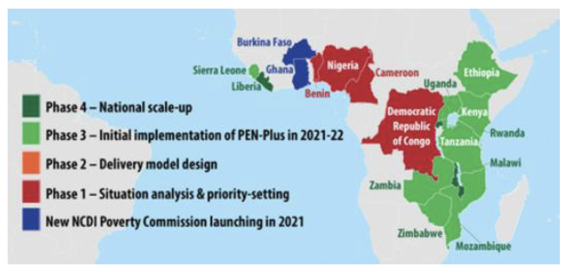 Map showing progress of PEN-Plus scale up in African countries between 2021 and 2022.