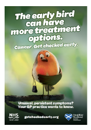 Poster of a bird on edge of a branch holding a bag.