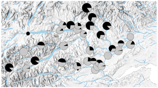 Map of the river Tay with pie charts showing the proportion of early (filled) and later (dashed) running fish in a sample of juveniles.