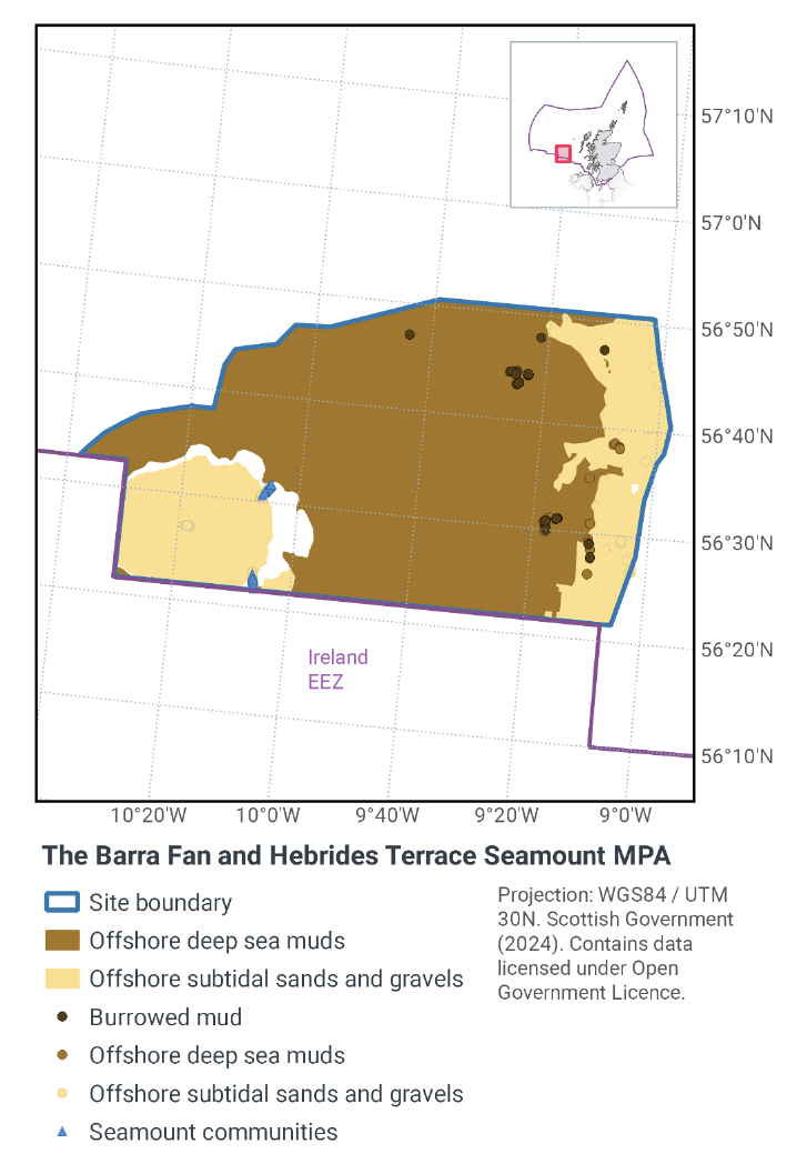 Map of Barra Fan and Hebrides Terrace Seamount MPA, west of Barra between 56°55N 10°40W and 56°20N 9°0W. The MPA is primarily composed of offshore deep sea muds, with offshore subtidal sands and gravels in the easternmost part of the MPA and in the southwest in the seamount. There are burrowed muds throughout the east and northeast of the MPA, and seamount communities in the southwest