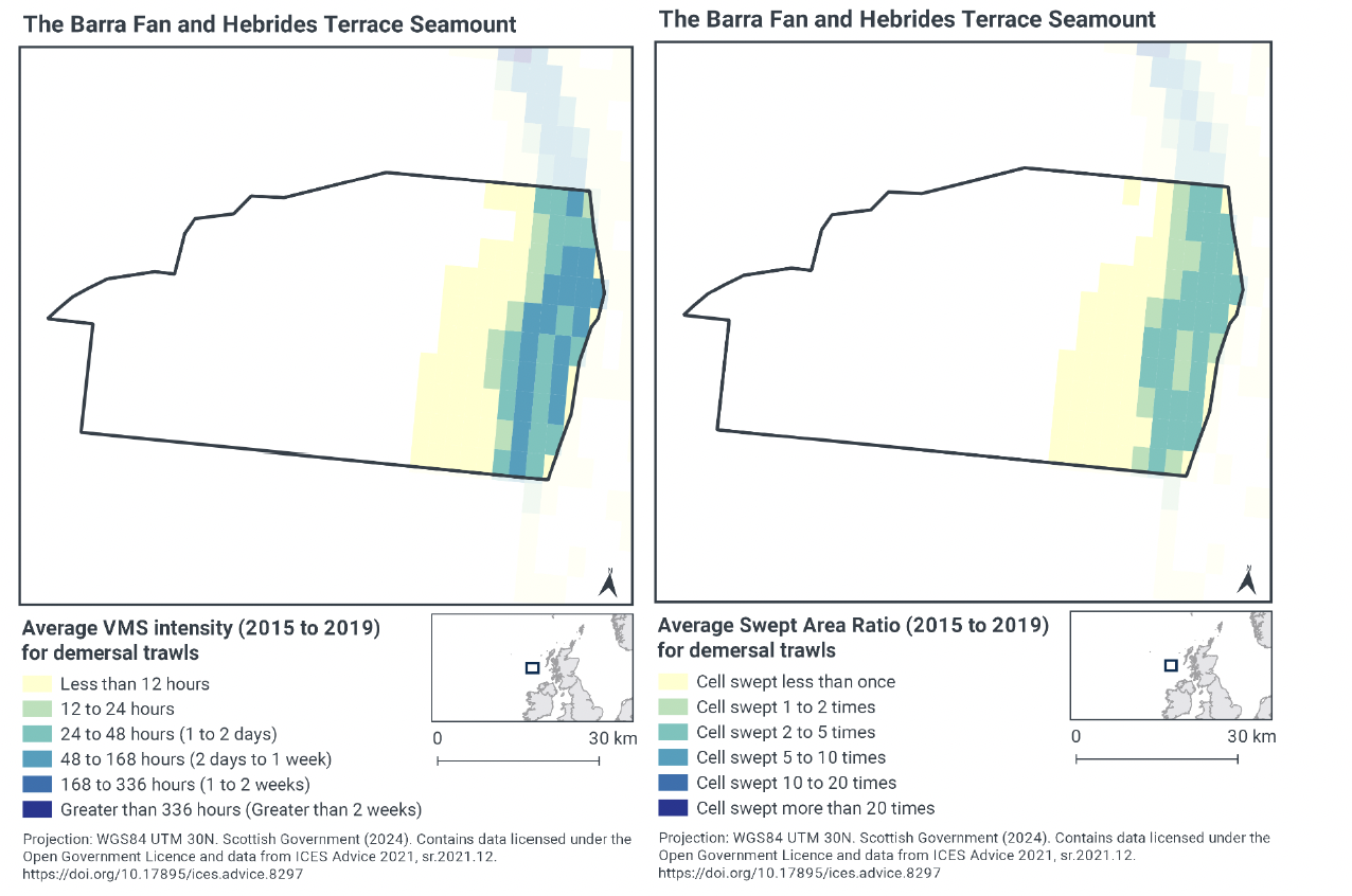 Left image: Map of the MPA showing average VMS intensity for demersal trawls in hours per year. Only the easternmost parts of the MPA show trawl activity, with a band of trawling 48-168 hours per year passing through the easternmost parts, with an area showing less than 12 hours per year just west of this band.
 Right image: Map of the MPA, showing average swept area for demersal trawls. Only the eastern part of the MPA shows such activity, with an area being swept up to 5 times a year in the easternmost extent of the MPA, with an area being swept less than once a year just west of this.