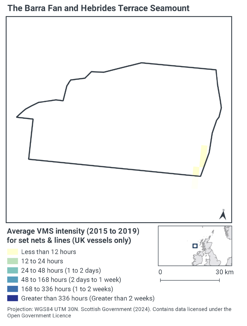 Map of set net and line activity in the MPA, showing almost all of the MPA has no such activity. In the southeast corner a small area has less than 12 hours activity, but this is the only part of the MPA showing any such activity