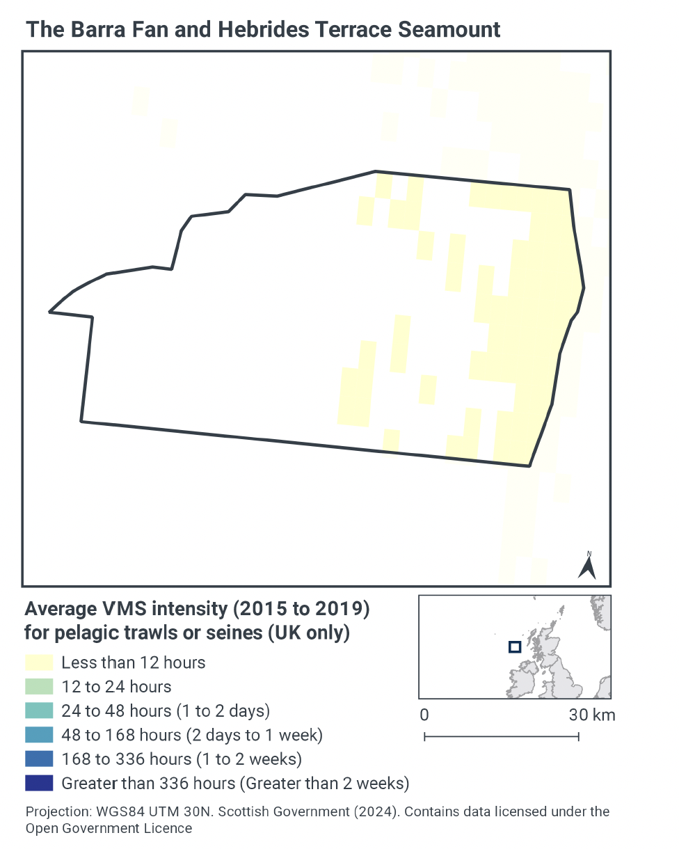 Map of pelagic trawls and seines in the MPA, showing the easternmost area of the MPA experiences less than 12 hours of this activity yearly, with some patches of the same level of activity stretching to the midway point across the MPA No such activity is seen in the western half