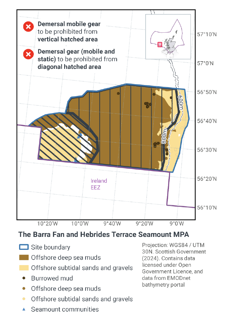 Map showing demersal mobile gear to be prohibited from all but the easternmost portion of the MPA (thus encompassing all offshore deep sea muds). Demersal static gear is also prohibited from the southwestern portion of the MPA, encompassing the seamount area