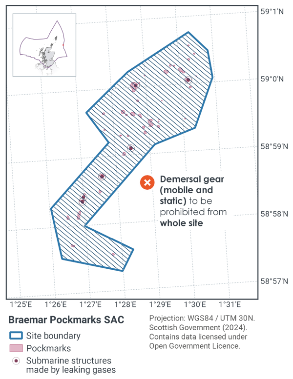Map of Braemar Pockmarks SAC showing proposed measures prohibiting mobile and static demersal gear across the whole site. 