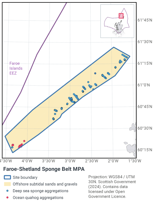 Map of Faroe-Shetland Sponge Belt MPA, a narrow rectangle running southwest to northeast, located north-west of Shetland. It is composed entirely of offshore subtidal sands and gravels, with deep sea sponge aggregations along the eastern edge. There are ocean quahog aggregations in the southern tip.