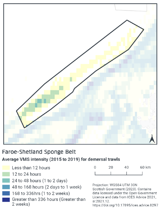 Map showing VMS intensity for demersal trawls in the MPA. The only trawling activity exists in a line running southwest to northeast. In the north trawling occurs in this line less than 12 hours per year. In the south this rate rises to 12-24 hours in, with a peak at 24-48 hours.