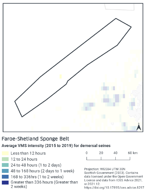 Map showing demersal seine activity by VMS intensity. Only one cell in the whole MPA shows this activity, and at a rate of less than 12 hours per year.