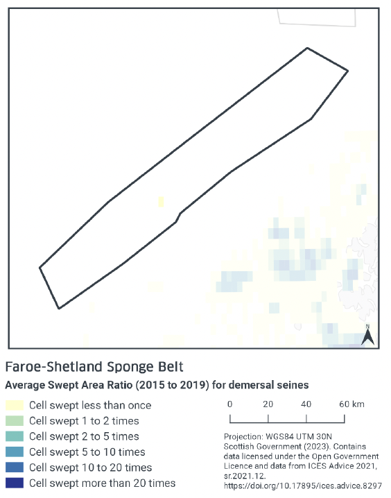 Map showing demersal seine activity by average swept area ratio. Only one cell in the whole MPA shows this activity, and at a rate of less than 1 sweep per year.